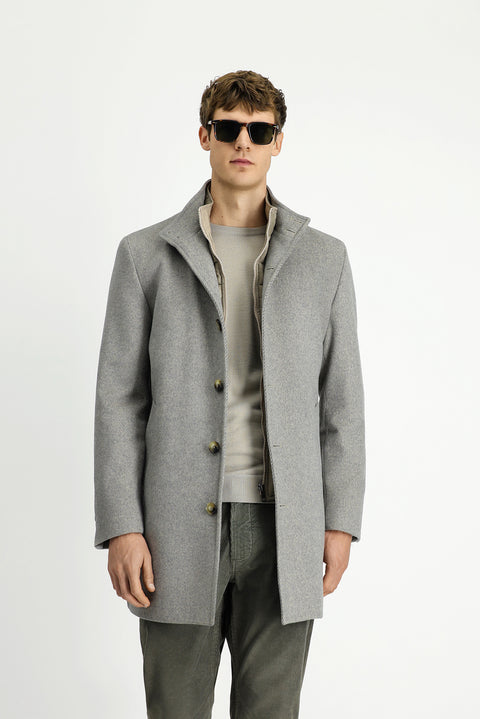 Medium Grey Stand-Up Collar Classic Wool Coat with Detachable Insole Pockets
