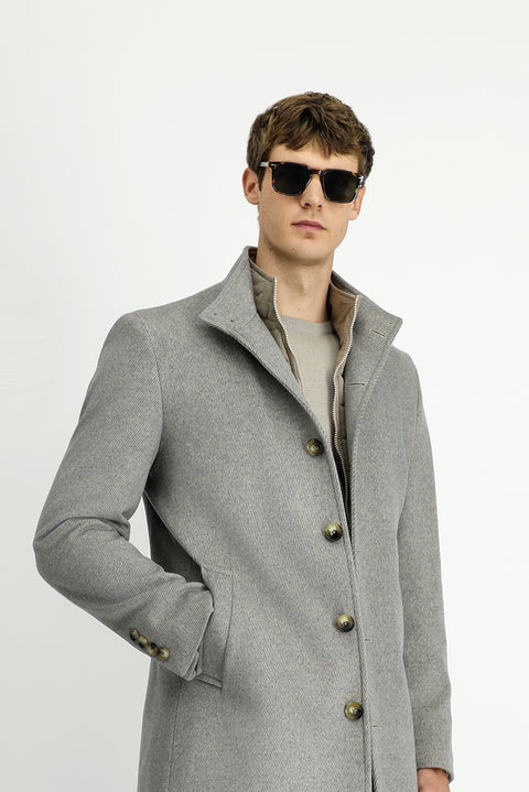 Medium Grey Stand-Up Collar Classic Wool Coat with Detachable Insole Pockets