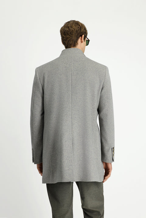 Medium Grey Stand-Up Collar Classic Wool Coat with Detachable Insole Pockets