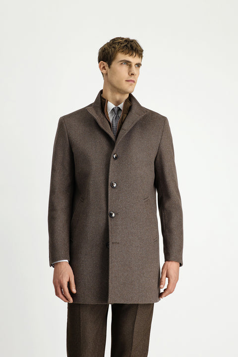Light Brown, Stand-Up Collar, Detachable Insole Pockets, Classic Wool Coat