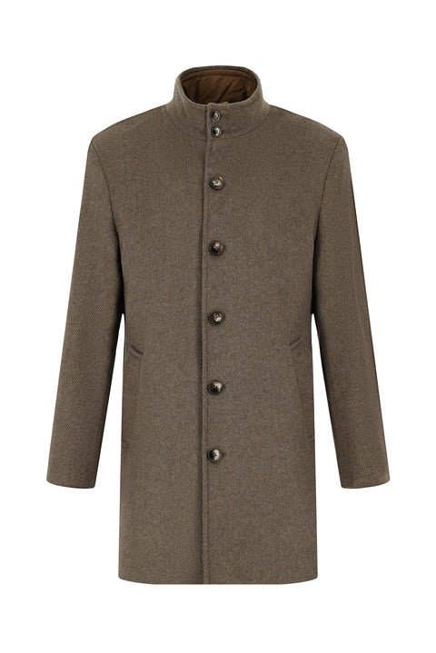 Light Brown, Stand-Up Collar, Detachable Insole Pockets, Classic Wool Coat