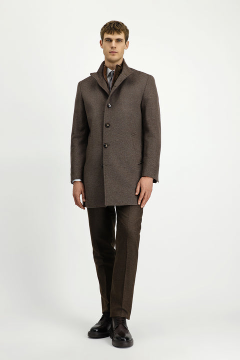 Light Brown, Stand-Up Collar, Detachable Insole Pockets, Classic Wool Coat