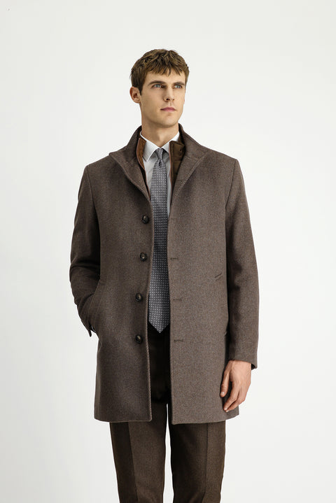 Light Brown, Stand-Up Collar, Detachable Insole Pockets, Classic Wool Coat