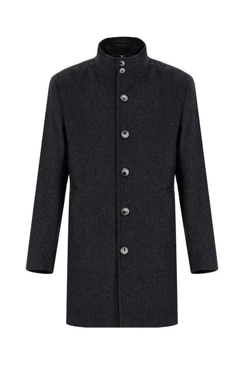 Dark Anthracite Stand-Up Collar Classic Wool Coat with Detachable Insole Pockets