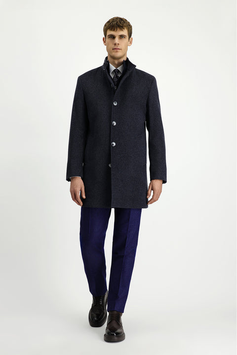 Dark Anthracite Stand-Up Collar Classic Wool Coat with Detachable Insole Pockets