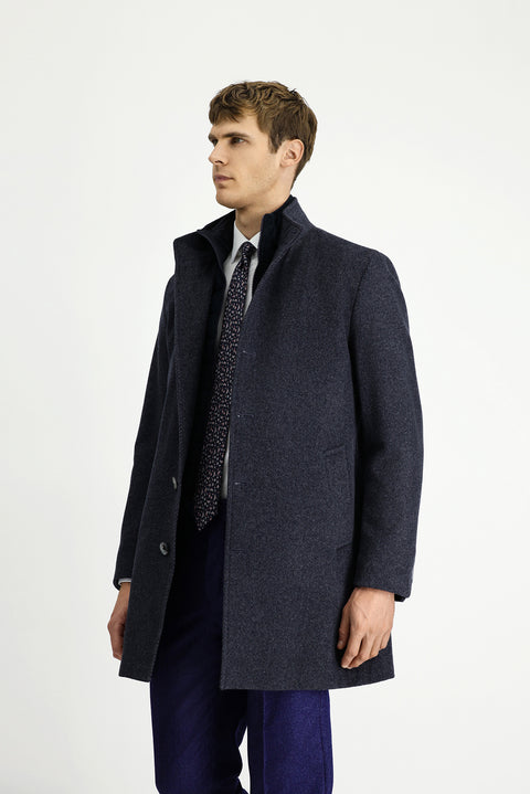 Dark Anthracite Stand-Up Collar Classic Wool Coat with Detachable Insole Pockets