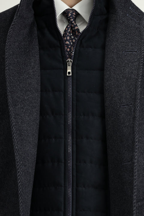 Dark Anthracite Stand-Up Collar Classic Wool Coat with Detachable Insole Pockets