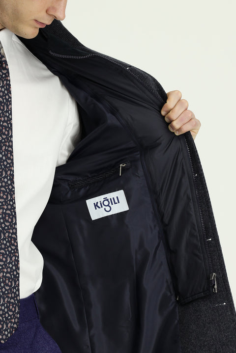 Dark Anthracite Stand-Up Collar Classic Wool Coat with Detachable Insole Pockets