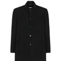 Black Slim Fit Narrow Cut Stand Collar Pocketed Classic Wool Coat