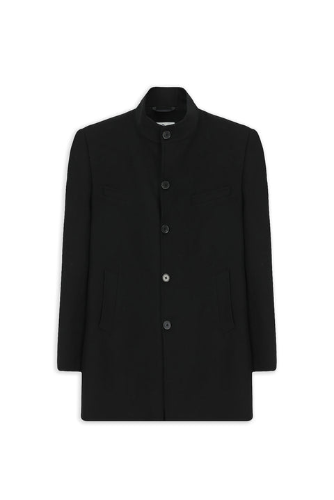 Black Slim Fit Narrow Cut Stand Collar Pocketed Classic Wool Coat