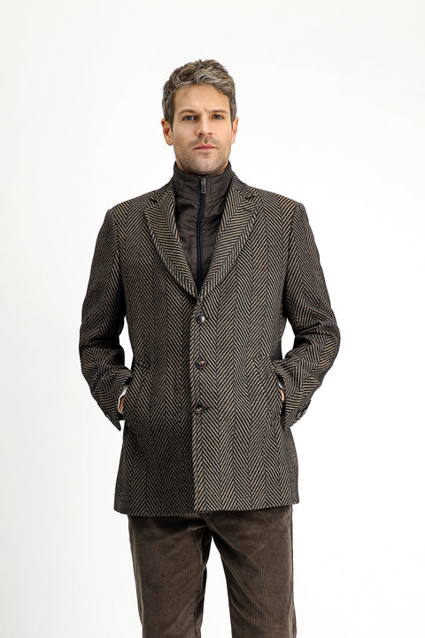 Dark Brown Wool Patterned Classic Coat