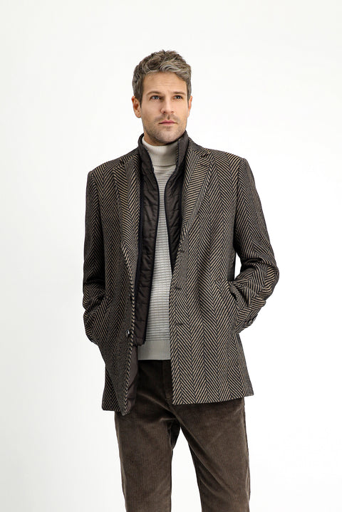 Dark Brown Wool Patterned Classic Coat