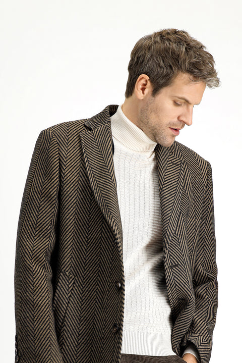 Dark Brown Wool Patterned Classic Coat