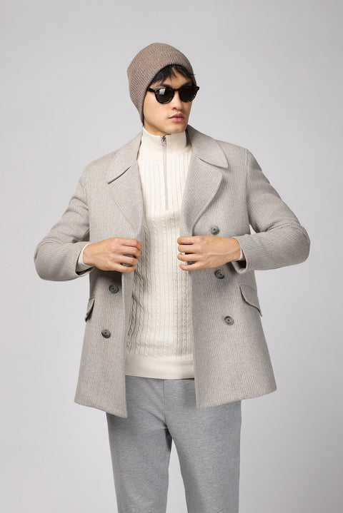 Medium Grey Wool Patterned Double-Breasted Coat