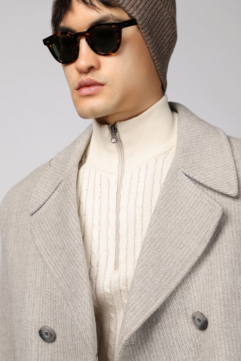 Medium Grey Wool Patterned Double-Breasted Coat