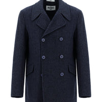 Dark Navy Patterned Wool Double-Breasted Coat