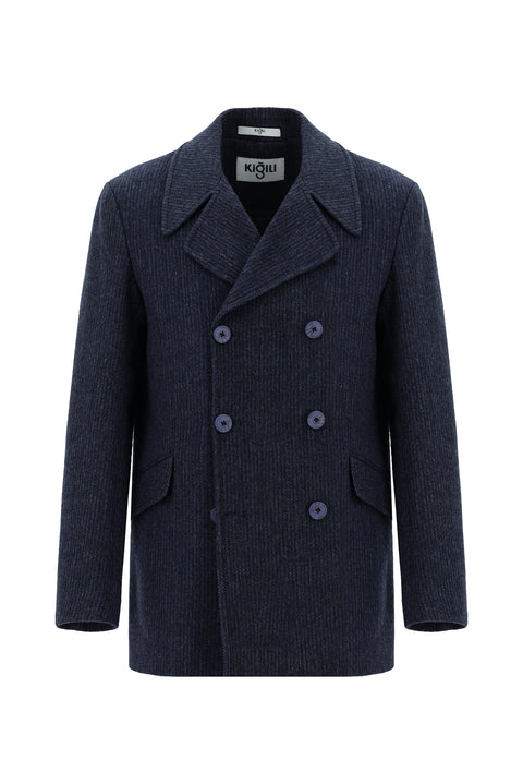 Dark Navy Patterned Wool Double-Breasted Coat