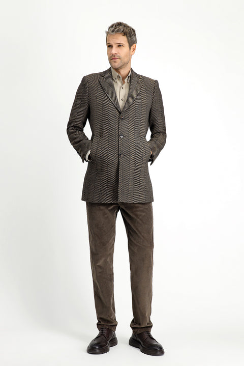 Dark Brown Wool Patterned Classic Coat