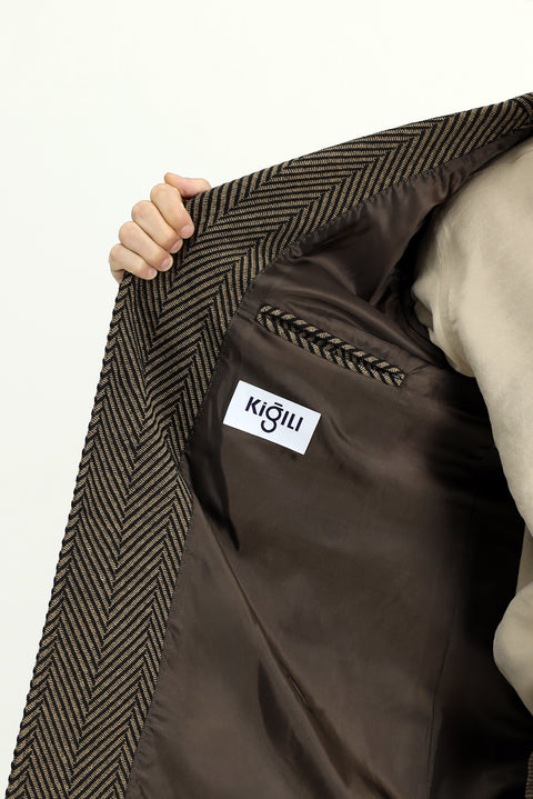Dark Brown Wool Patterned Classic Coat
