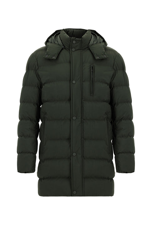 Orta Haki Slim Fit Dar Kesim Kapüşonlu Spor Şişme Kaban