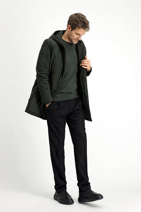 Orta Haki Slim Fit Dar Kesim Kapüşonlu Spor Şişme Kaban