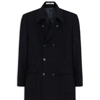 Dark Navy Wool Double-Breasted Coat with Pockets and Buttons