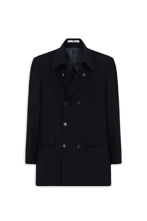 Dark Navy Wool Double-Breasted Coat with Pockets and Buttons