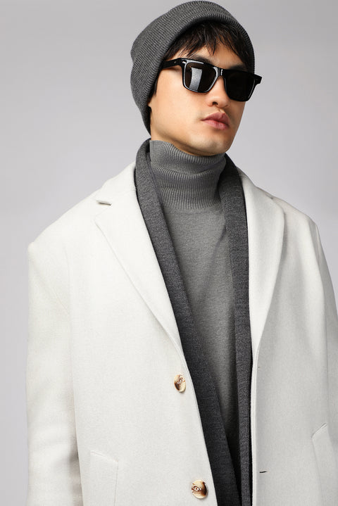 Mid-Grey Stand-Up Collar Oversized Extra Comfortable Fit Pocketed Button-Up Classic Coat
