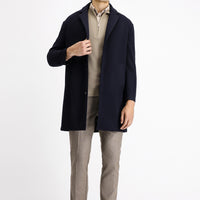 Dark Navy Mono Collar Oversize Extra Comfortable Fit Pocketed Button-Up Classic Coat
