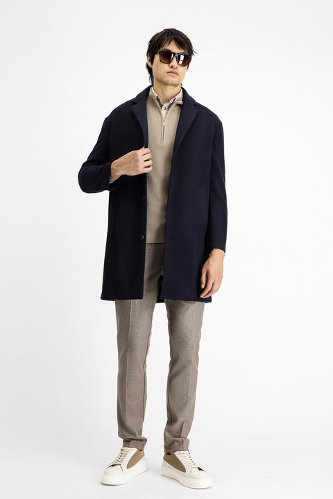 Dark Navy Mono Collar Oversize Extra Comfortable Fit Pocketed Button-Up Classic Coat