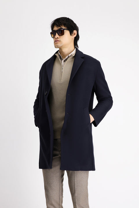 Dark Navy Mono Collar Oversize Extra Comfortable Fit Pocketed Button-Up Classic Coat