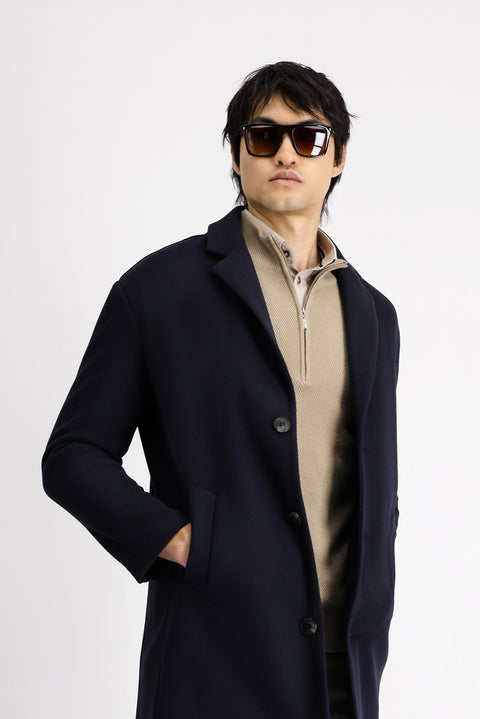 Dark Navy Mono Collar Oversize Extra Comfortable Fit Pocketed Button-Up Classic Coat