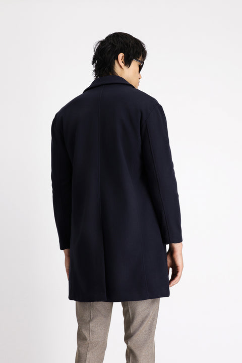 Dark Navy Mono Collar Oversize Extra Comfortable Fit Pocketed Button-Up Classic Coat