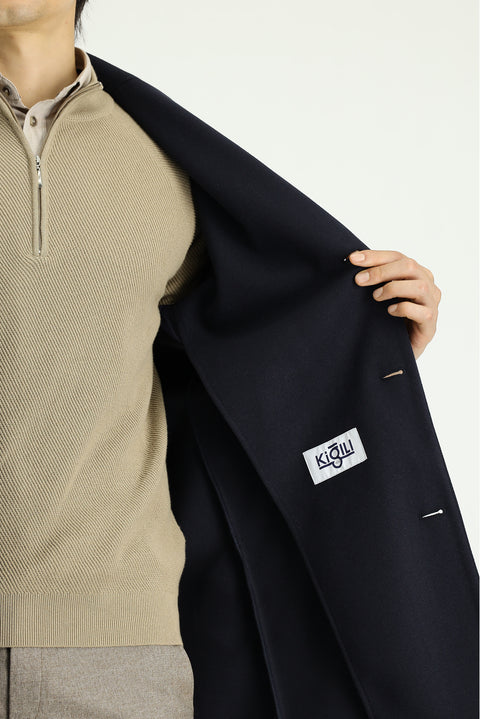 Dark Navy Mono Collar Oversize Extra Comfortable Fit Pocketed Button-Up Classic Coat