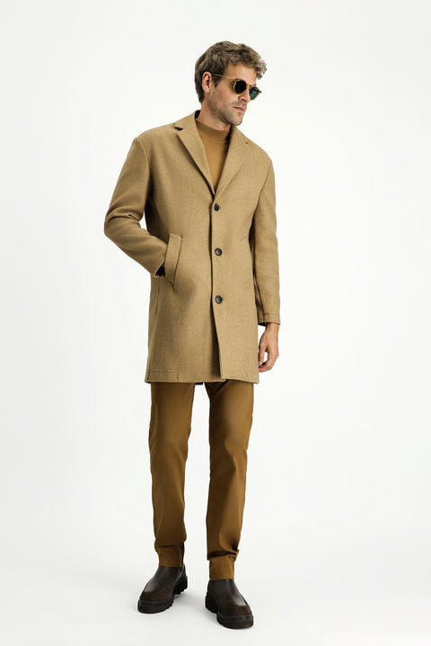 Open Beige Mono Collar Oversize Extra Comfortable Cut Pocketed Buttoned Classic Coat