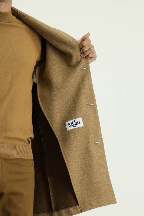 Open Beige Mono Collar Oversize Extra Comfortable Cut Pocketed Buttoned Classic Coat