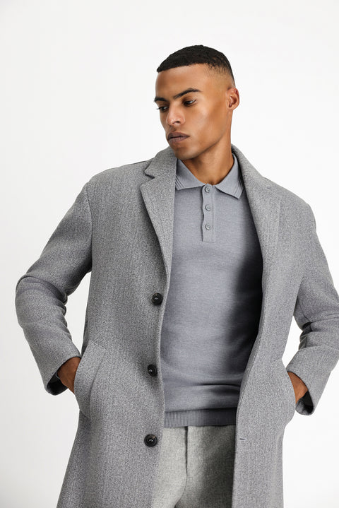 Medium Anthracite Single Lapel Oversized Extra Comfortable Fit Pocketed Button-Up Classic Coat