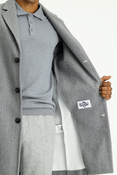 Medium Anthracite Single Lapel Oversized Extra Comfortable Fit Pocketed Button-Up Classic Coat