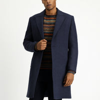Mid Navy Pointed Collar Wool Oversized Patterned Pocketed Buttoned Classic Coat