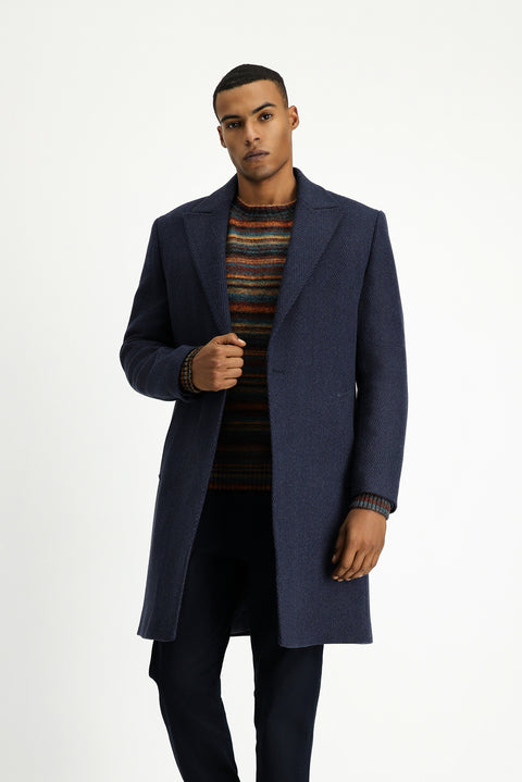 Mid Navy Pointed Collar Wool Oversized Patterned Pocketed Buttoned Classic Coat
