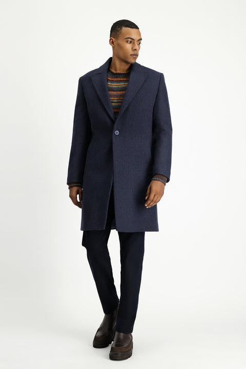 Mid Navy Pointed Collar Wool Oversized Patterned Pocketed Buttoned Classic Coat