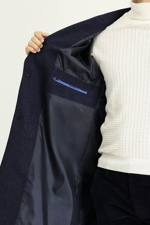 Mid Navy Pointed Collar Wool Oversized Patterned Pocketed Buttoned Classic Coat