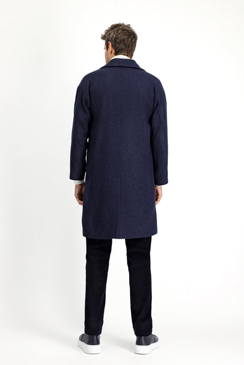 Mid Navy Pointed Collar Wool Oversized Patterned Pocketed Buttoned Classic Coat