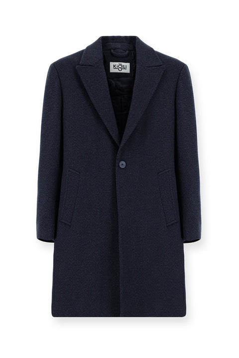 Mid Navy Pointed Collar Wool Oversized Patterned Pocketed Buttoned Classic Coat