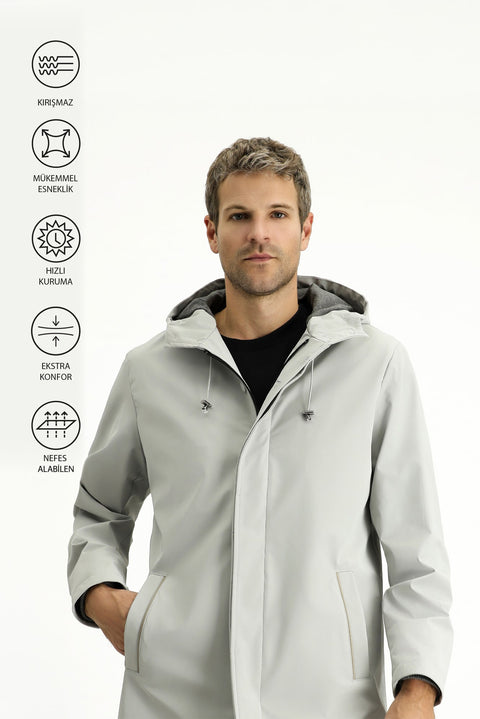 Light Grey Techno-Line Lycra Hooded Trench Coat & Jacket