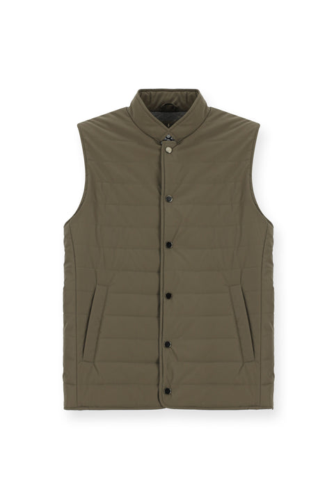 Dark Brown Slim Fit Narrow Cut Stand Collar Snap Button Pocket Quilted Sport Vest