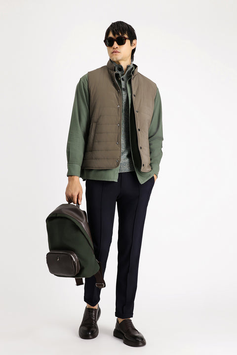 Dark Brown Slim Fit Narrow Cut Stand Collar Snap Button Pocket Quilted Sport Vest