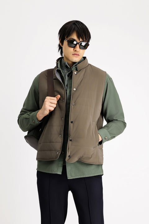 Dark Brown Slim Fit Narrow Cut Stand Collar Snap Button Pocket Quilted Sport Vest