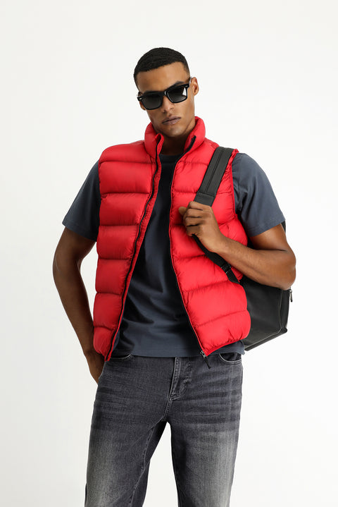 Dark Red Quilted Sports Padded Vest with Bag