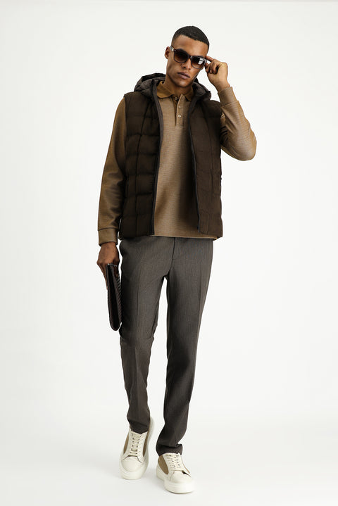 Medium Brown Slim Fit Narrow Cut Hooded Sports Vest